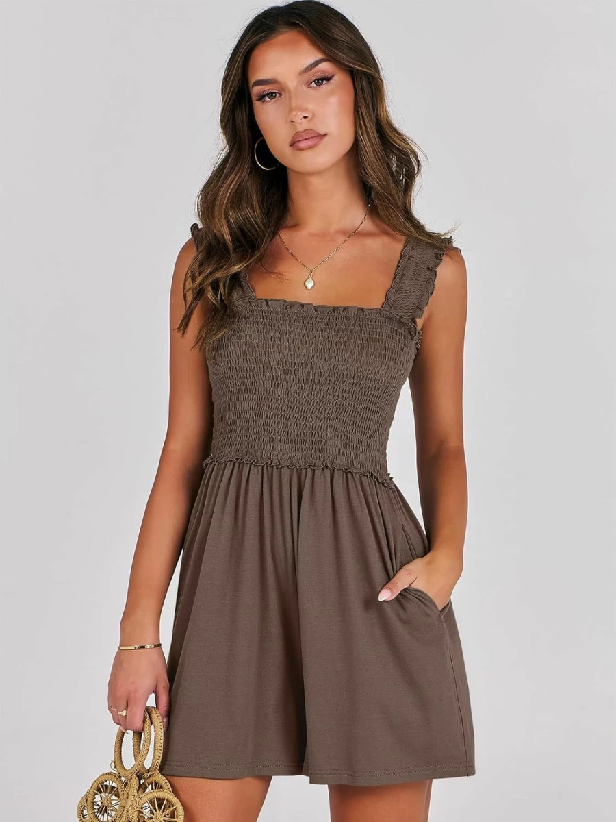 Caracilia Women's Summer Romper - Casual Smocked Jumpsuit with Pockets, Loose Fit Comfortable Shorts Vacation Outfit