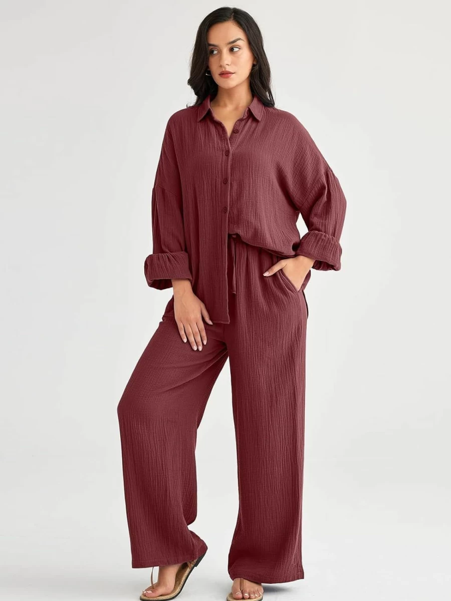 AUTOMET Women's 2024 Spring Wide Leg Palazzo Pants Two-Piece Set Casual Tracksuit Outfit