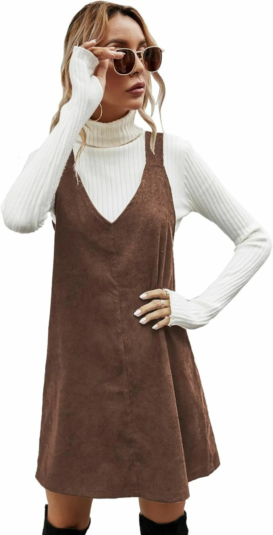 Milumia Women's Corduroy V-Neck Pinafore Jumper Mini Dress - Stylish Casual Overalls