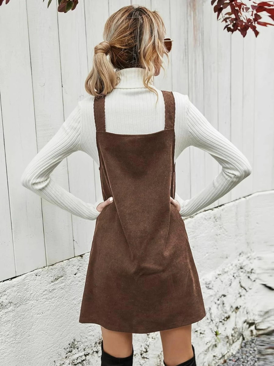 Milumia Women's Corduroy V-Neck Pinafore Jumper Mini Dress - Stylish Casual Overalls