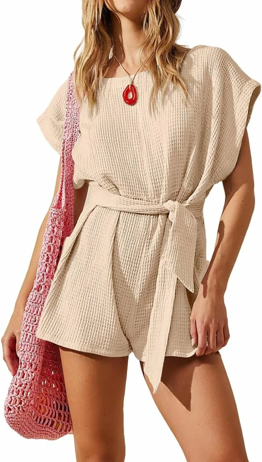 DIRASS Women's Summer Waffle Knit Romper with Tie Waist & Pockets - Casual Short Sleeve Jumpsuit 2024