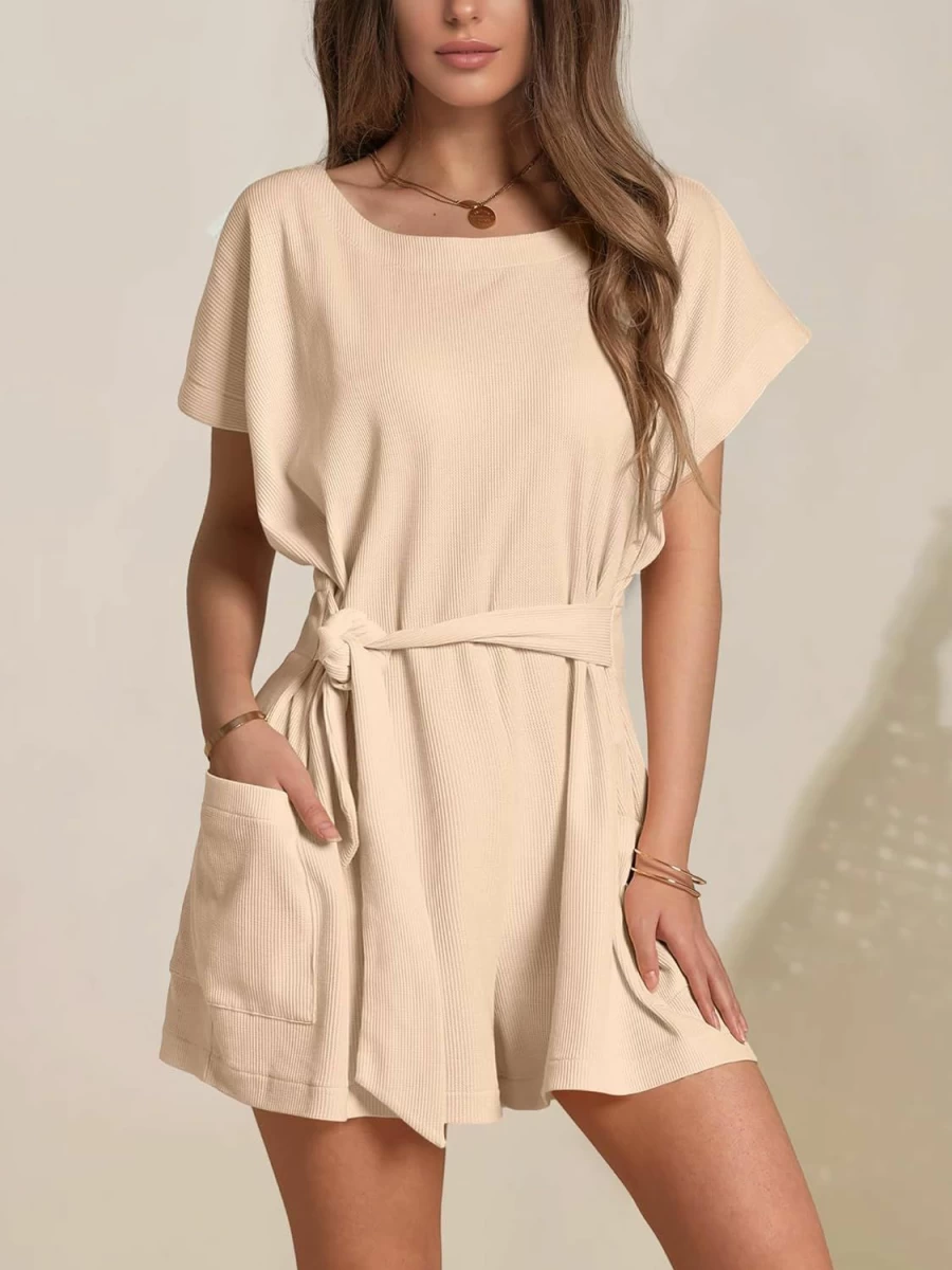 DIRASS Women's Summer Waffle Knit Romper with Tie Waist & Pockets - Casual Short Sleeve Jumpsuit 2024
