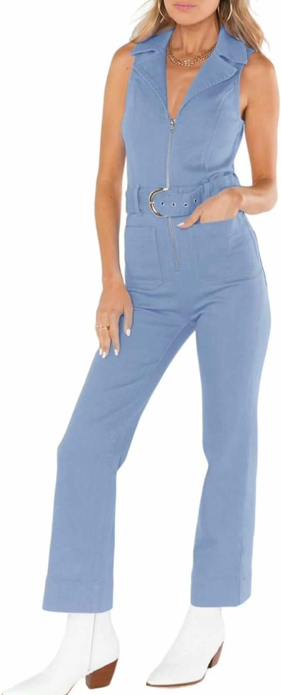 PLNOTME Women's Denim Romper Jumpsuit with Zip Front, Belted Waist, and Straight Leg