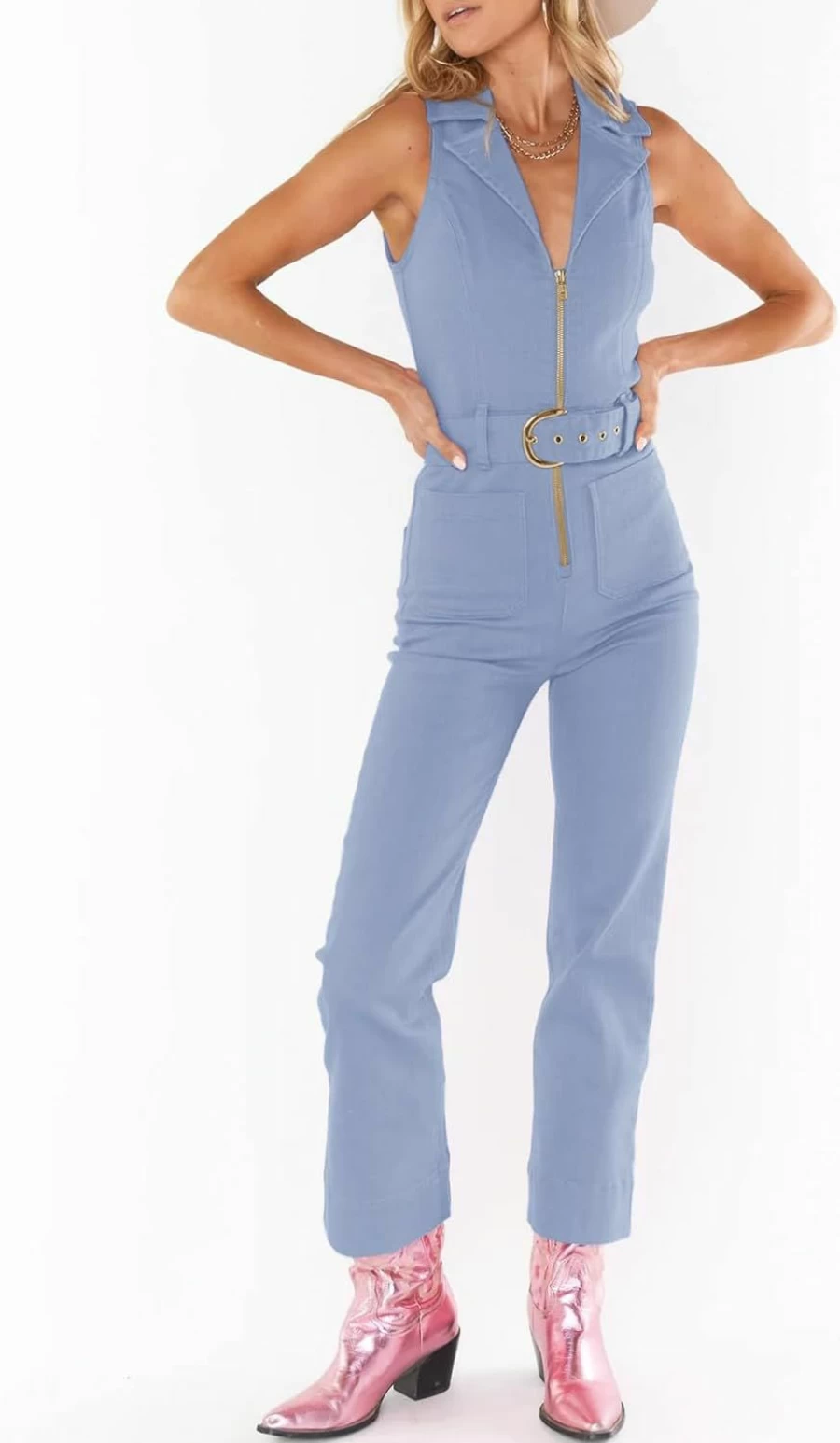 PLNOTME Women's Denim Romper Jumpsuit with Zip Front, Belted Waist, and Straight Leg