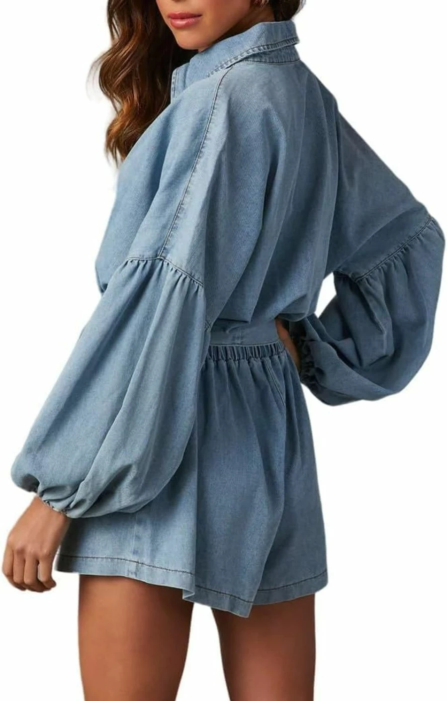 EZAPINE Women's Casual Denim Romper with Belt - Lantern Sleeve Jumpsuit with Pockets