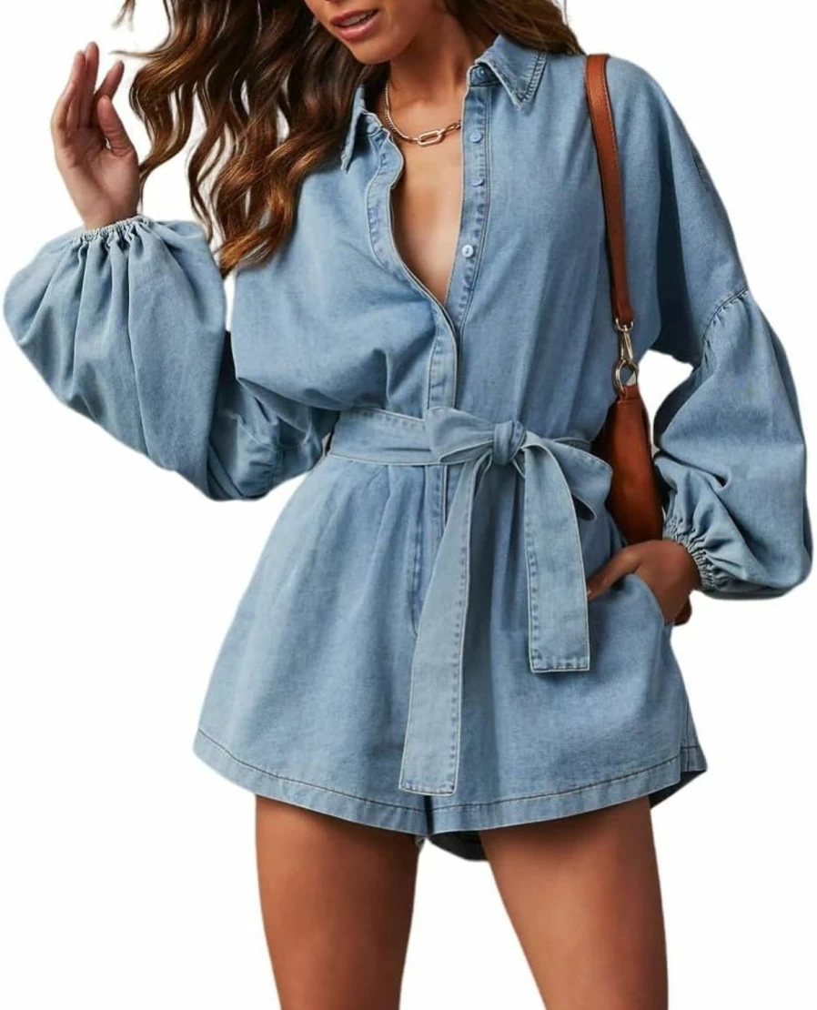 EZAPINE Women's Casual Denim Romper with Belt - Lantern Sleeve Jumpsuit with Pockets