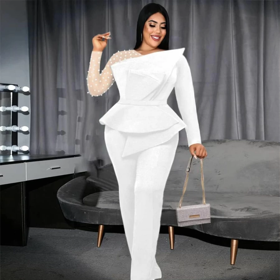 Oneastern Women's Elegant Peplum High-Waist Jumpsuit with Mesh Beading - Black & White Romper for Special Occasions