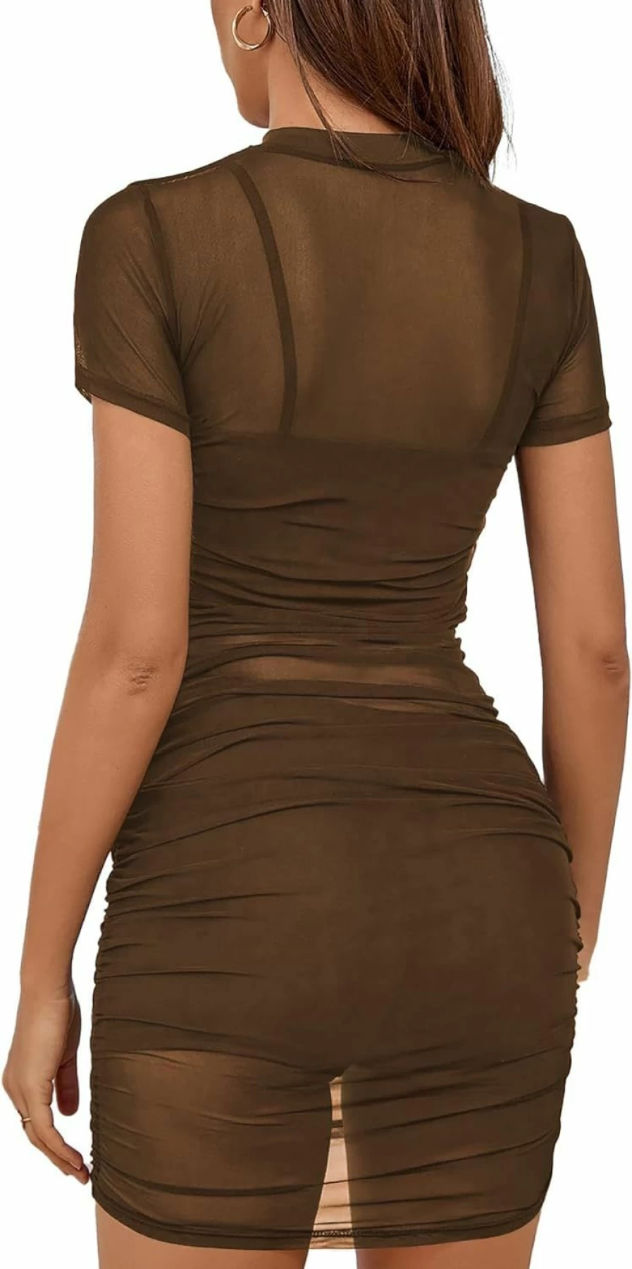 Rooscier Women's 3 Piece Bodycon Outfit - Mesh Short Sleeve Dress with Cami Top and Shorts Set