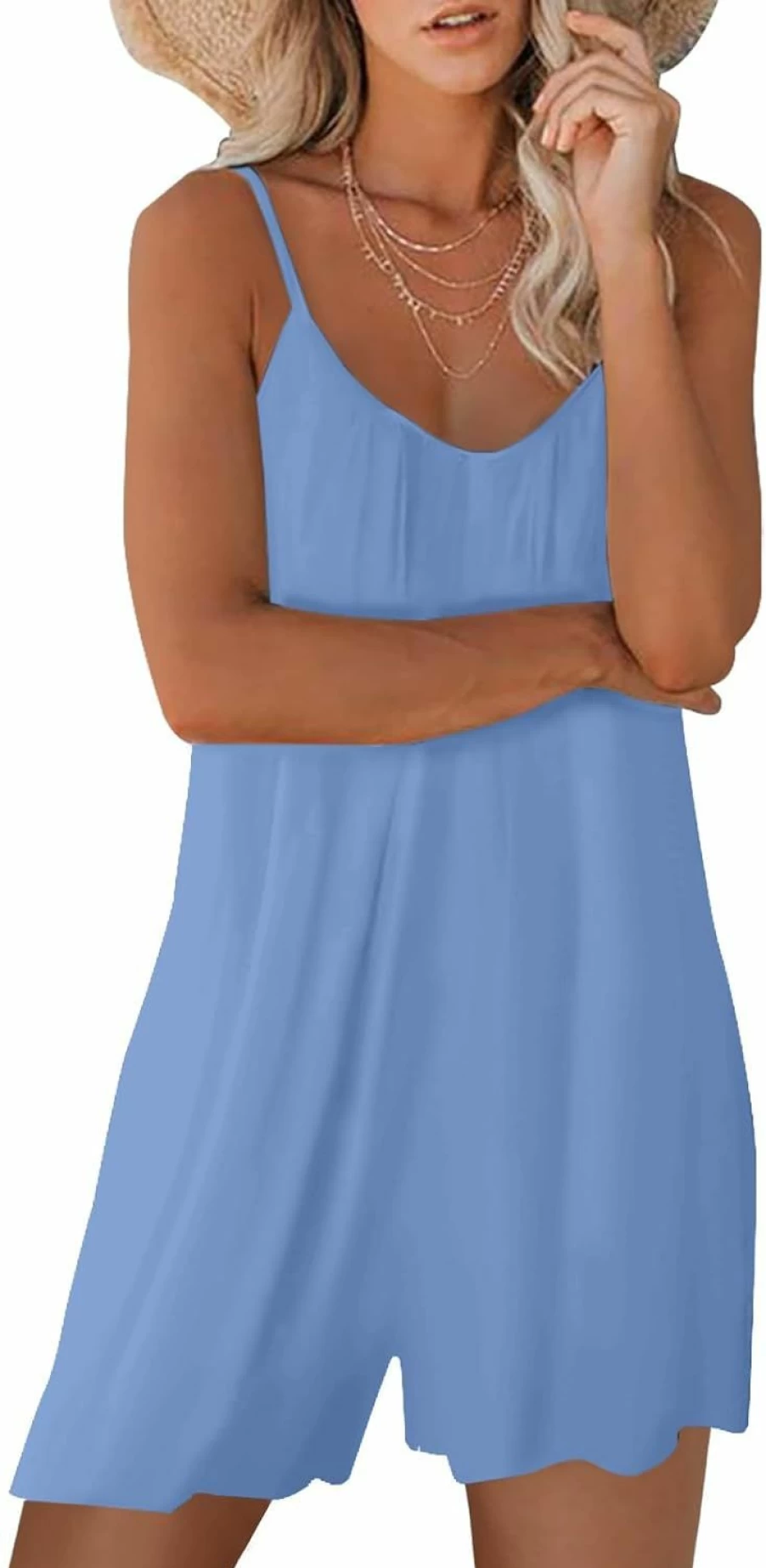 Nfsion Women's Adjustable Strap Sleeveless Jumpsuit with Pockets - Stretchy Casual Romper Shorts for Summer