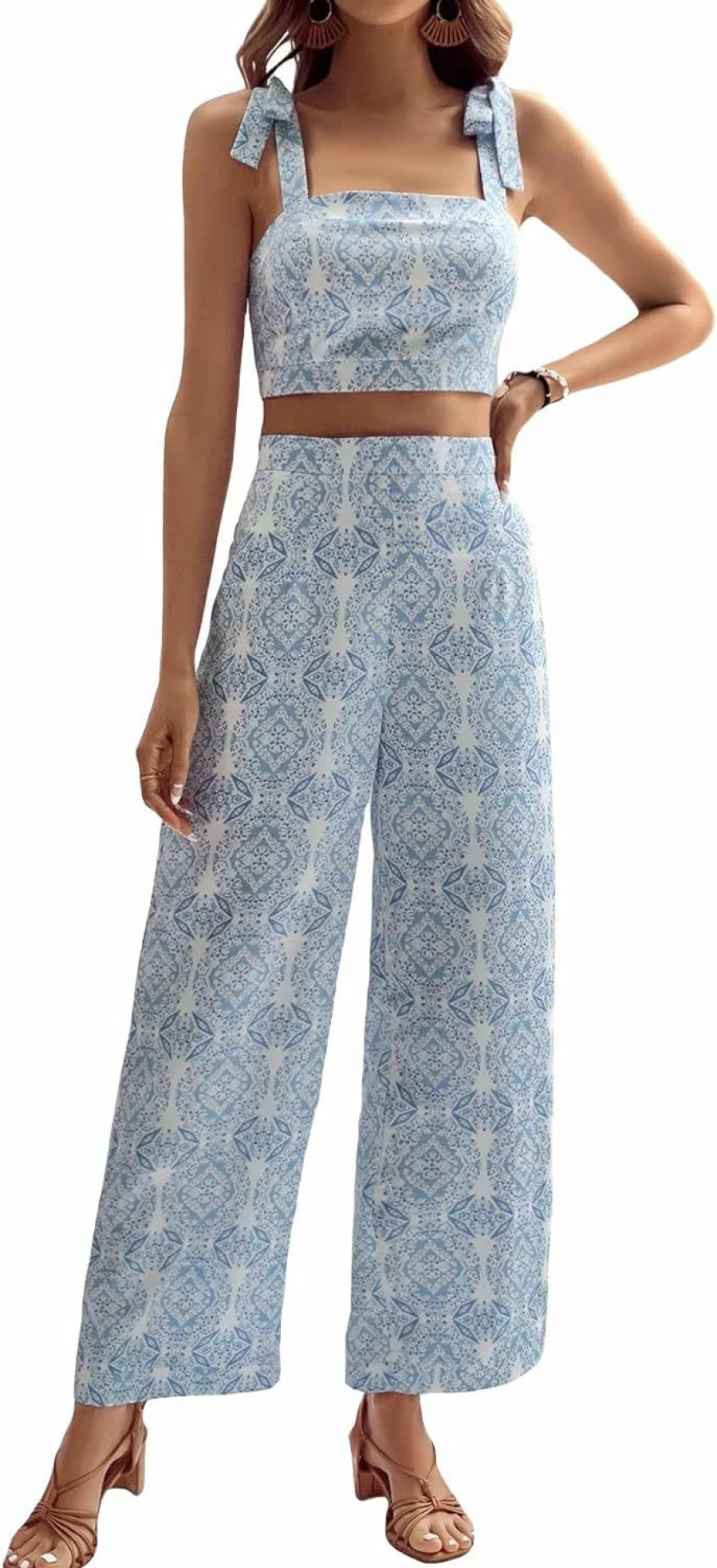 Floerns Women's Boho Floral Print Crop Top and Maxi Skirt Set - 2 Piece Knotted Shoulder Zip Back Outfit