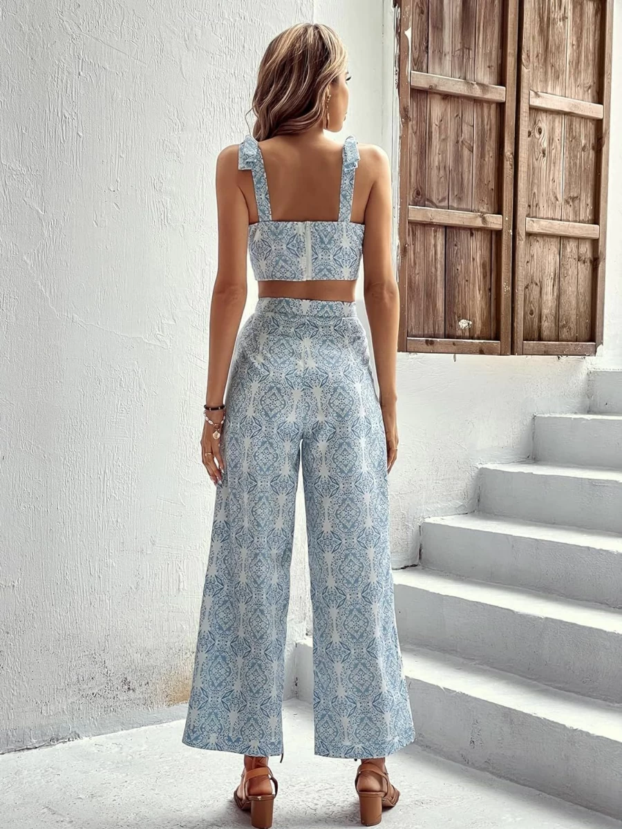 Floerns Women's Boho Floral Print Crop Top and Maxi Skirt Set - 2 Piece Knotted Shoulder Zip Back Outfit