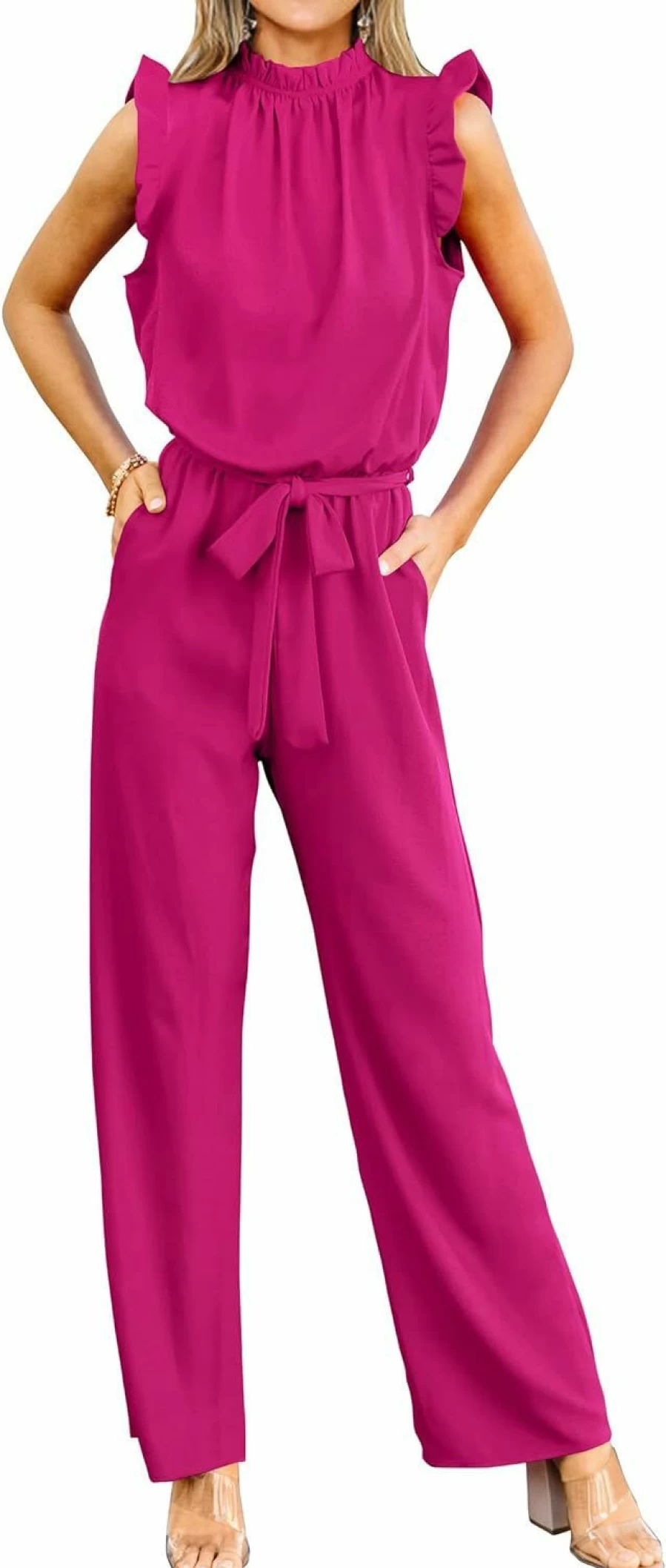KIRUNDO Women's Summer Sleeveless Romper with Ruffle Mock Neck, Wide Leg Pants, Belt & Pockets - Elegant Formal Jumpsuit