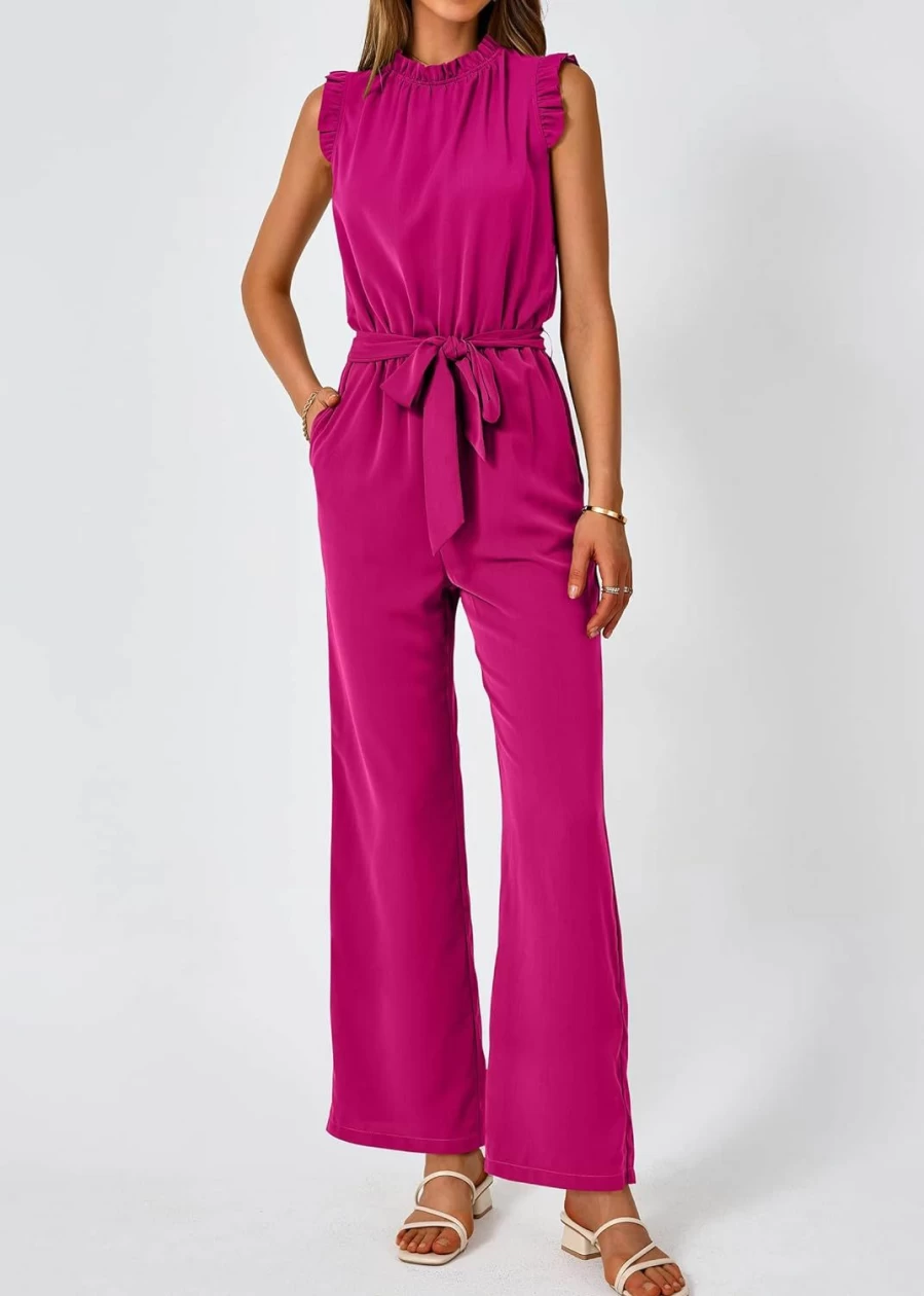 KIRUNDO Women's Summer Sleeveless Romper with Ruffle Mock Neck, Wide Leg Pants, Belt & Pockets - Elegant Formal Jumpsuit