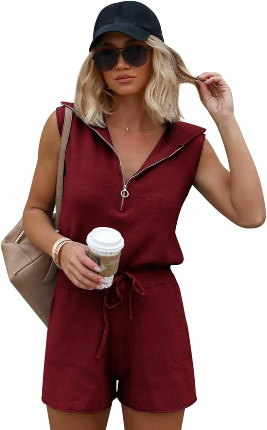 Yousify Women's Summer Sleeveless Romper Jumpsuit with Pockets, Lapel Collar & Drawstring Waist Casual Knit Playsuit