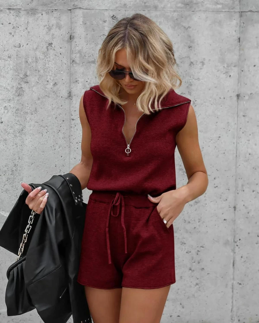 Yousify Women's Summer Sleeveless Romper Jumpsuit with Pockets, Lapel Collar & Drawstring Waist Casual Knit Playsuit
