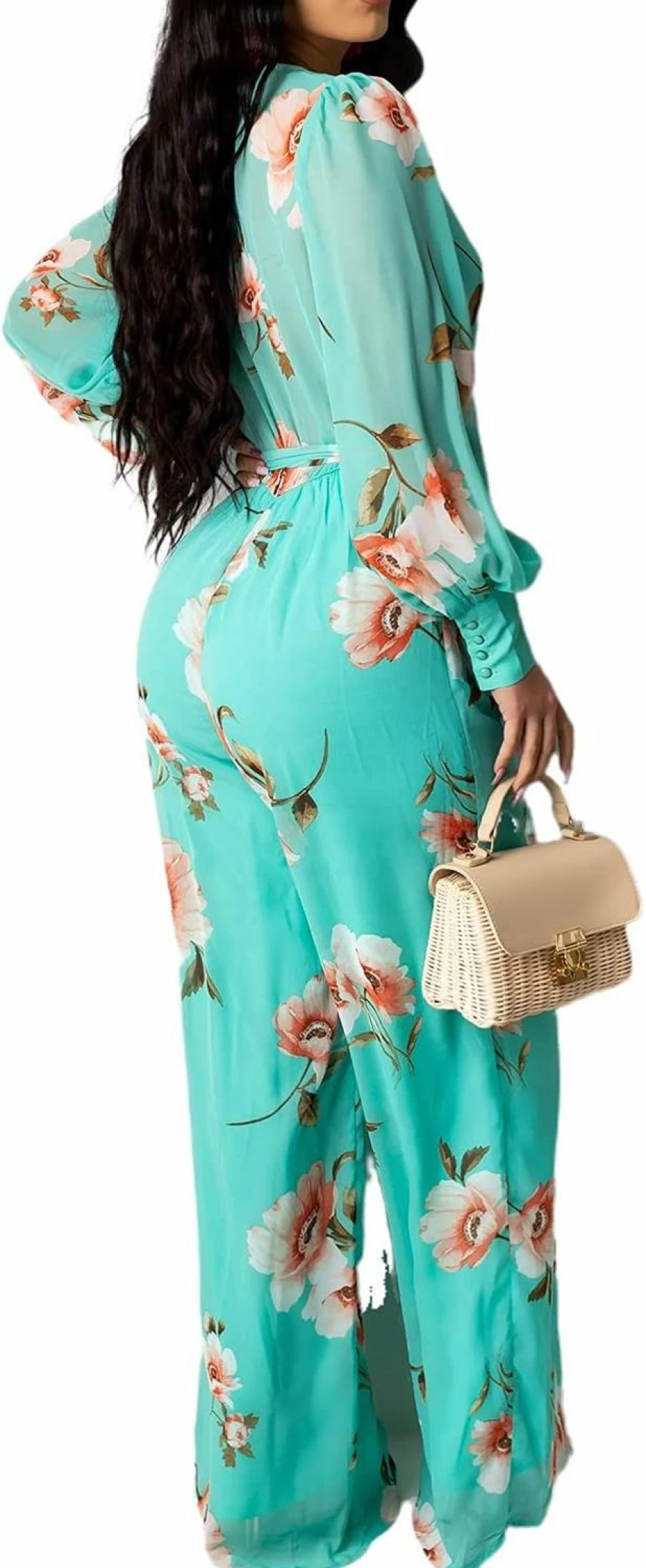 LightlyKiss Women's Sparkly V-Neck Jumpsuit with Belt - Long Sleeve Loose Party Clubwear & Casual Onesie Pants