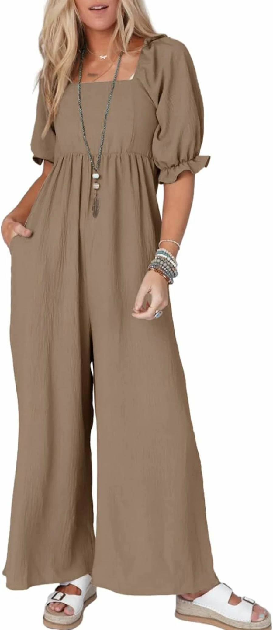 Dokotoo Women's Casual Jumpsuit with Puff Sleeves, Wide Leg Pants, and Pockets - Stylish Loose Overalls Romper One Piece