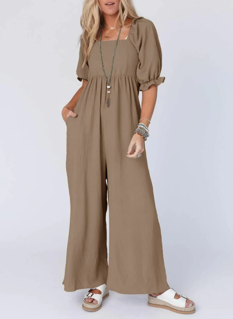 Dokotoo Women's Casual Jumpsuit with Puff Sleeves, Wide Leg Pants, and Pockets - Stylish Loose Overalls Romper One Piece