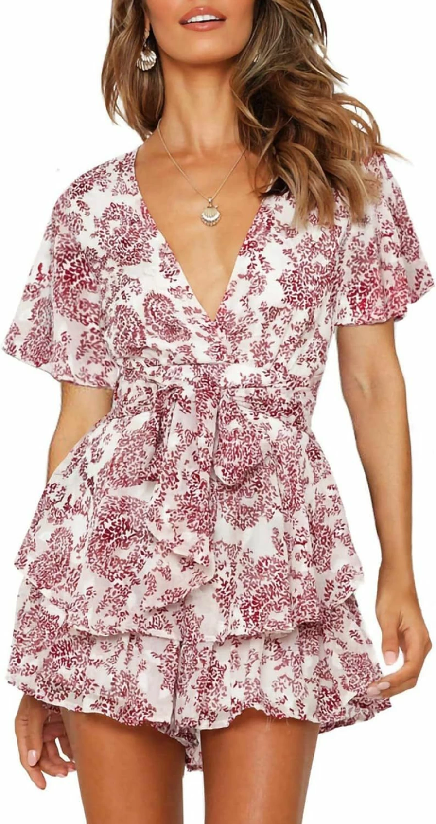 AIMCOO Women's Floral Print Jumpsuit with V-Neck, Ruffle Hem, Short Flare Sleeves, and Waist Tie - Summer Short Romper for Women