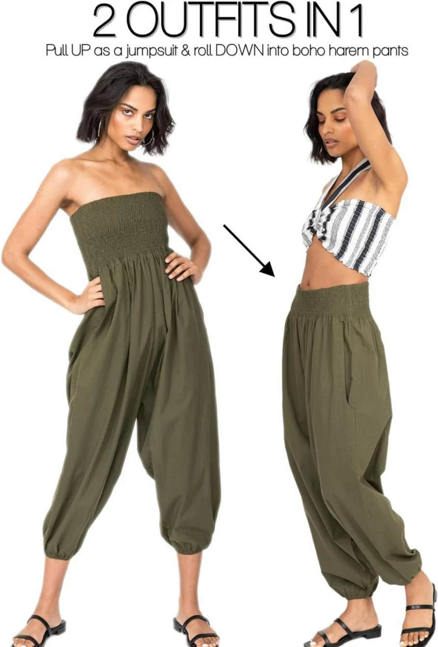 Likemary Women's 2-in-1 Boho Jumpsuit - Convertible Capri Romper to Harem Pants with Pockets - Comfortable Cotton Jumper Outfit
