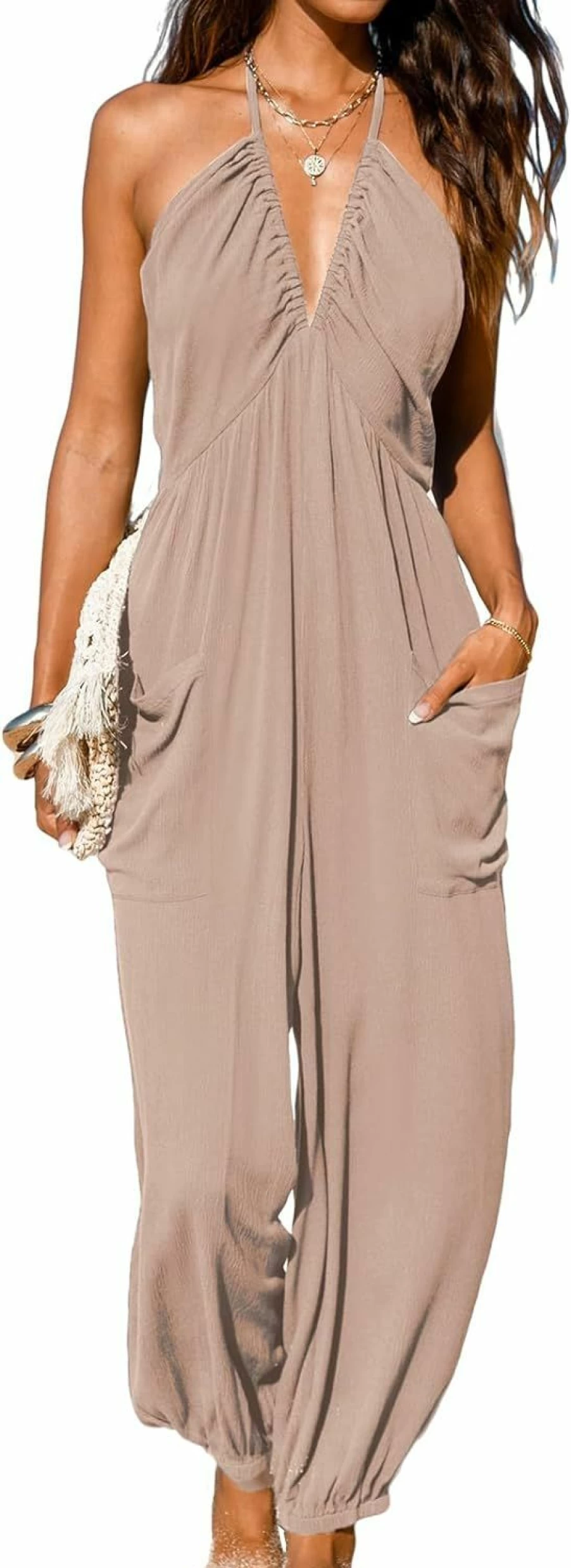 CUPSHE Women's Halter Neck Pleated Maxi Jumpsuit with Pockets - Sleeveless Romper for Summer