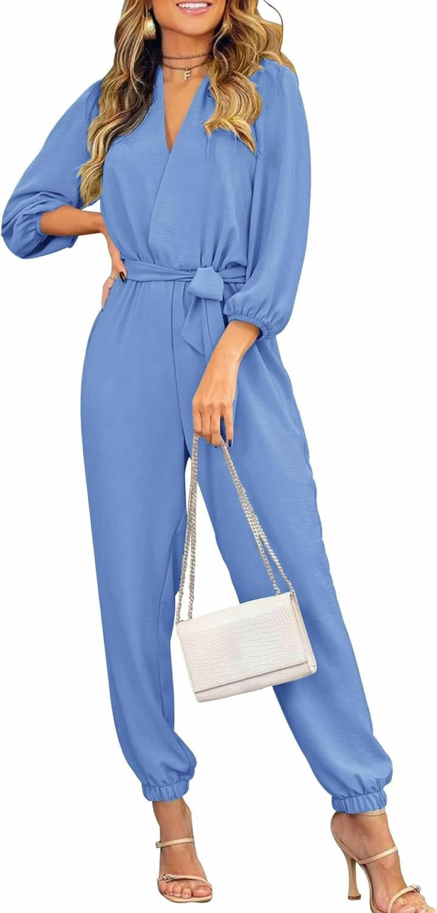 PRETTYGARDEN Women's 2024 Fall Jumpsuit Casual V-Neck Long Sleeve Romper with Belt and Pockets