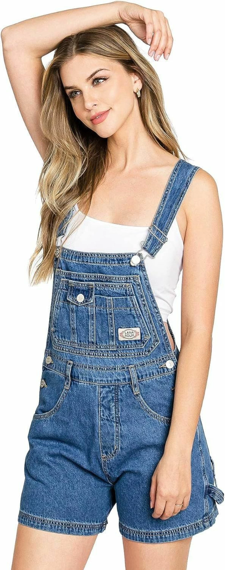 Lana Roux 90s Retro Denim Romper Short Overalls - Vintage Utility Style Revolt Collection