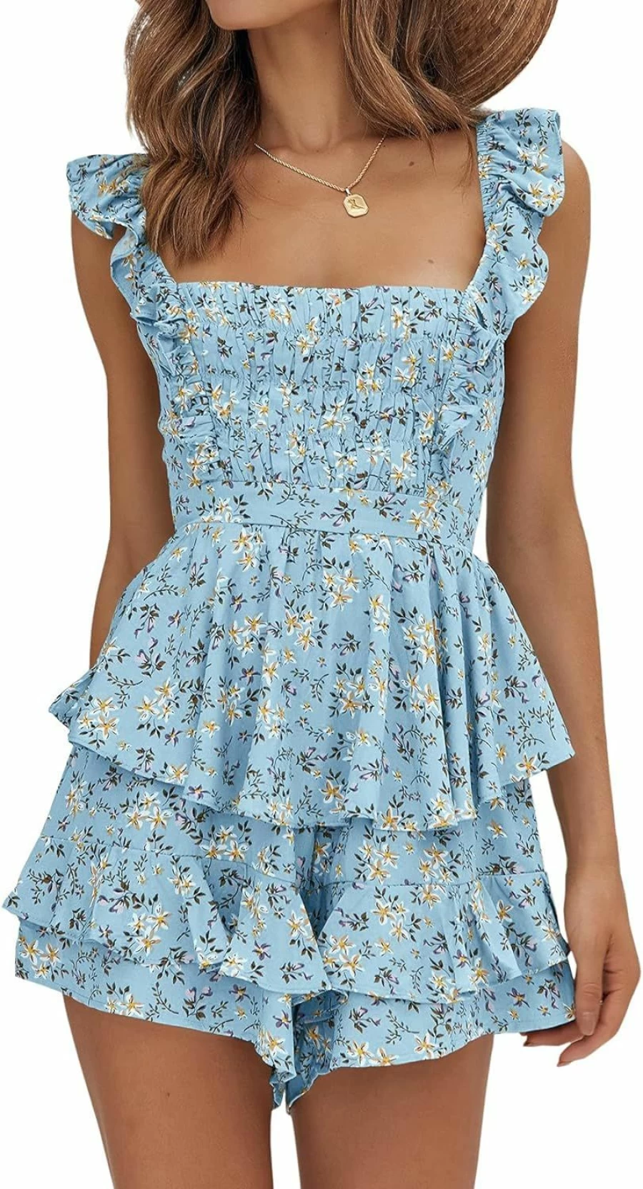 Farktop Women's Floral Square Neck Ruffle Strap Summer Romper Jumpsuit with Layered Hem Shorts