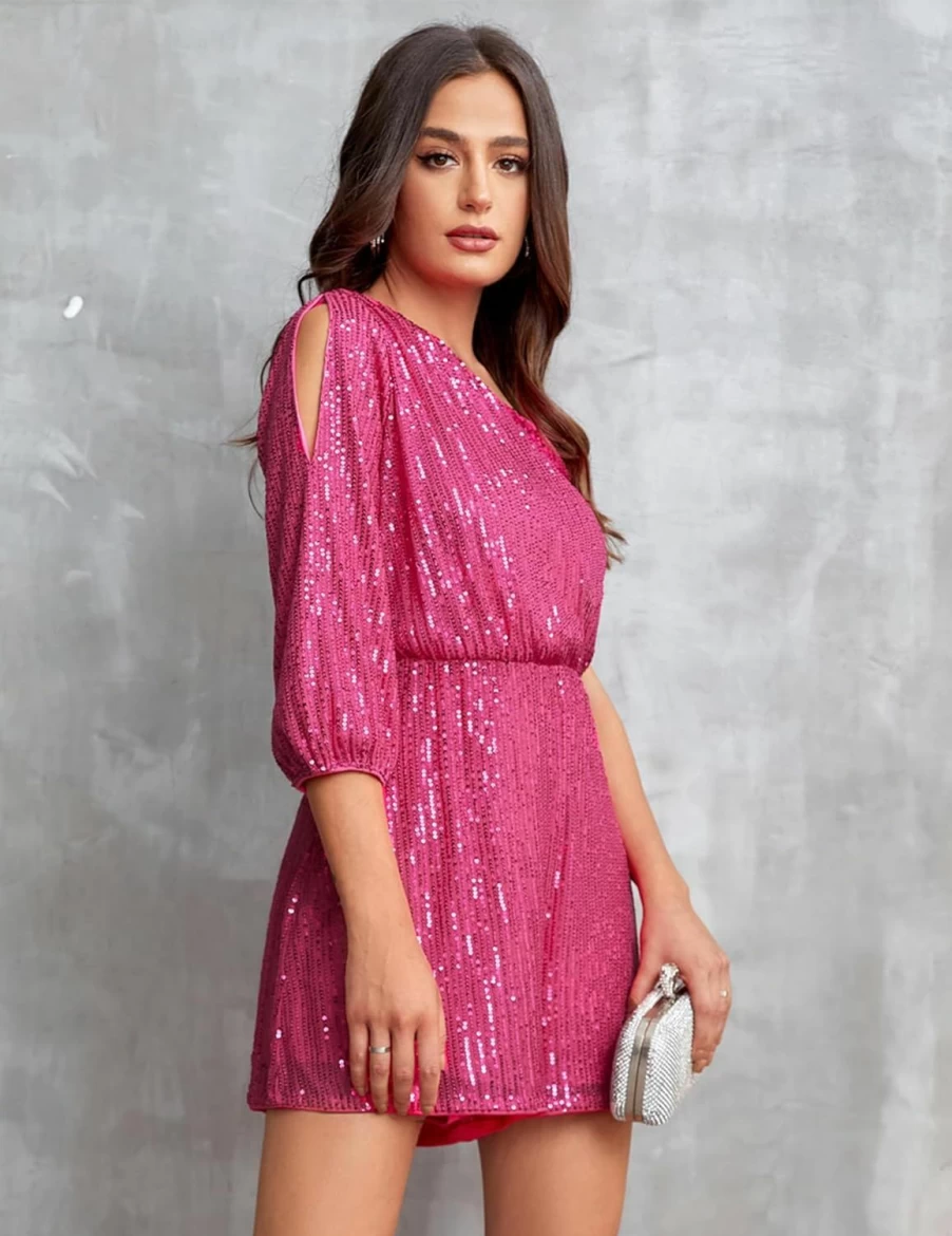 Zexxxy Women's One Shoulder Sequin Romper Glitter Party Dress for Club Night Out Evening Wear