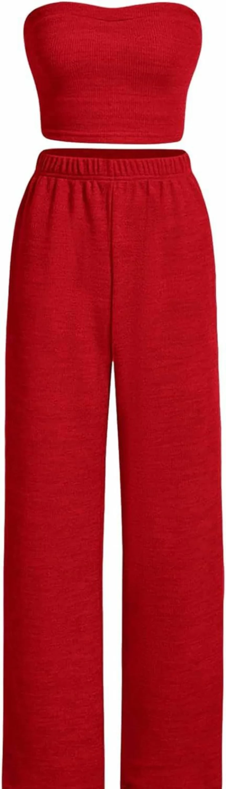 Floerns Women's 2 Piece Summer Outfit - Bandeau Crop Top and High Waist Wide Leg Pants Set