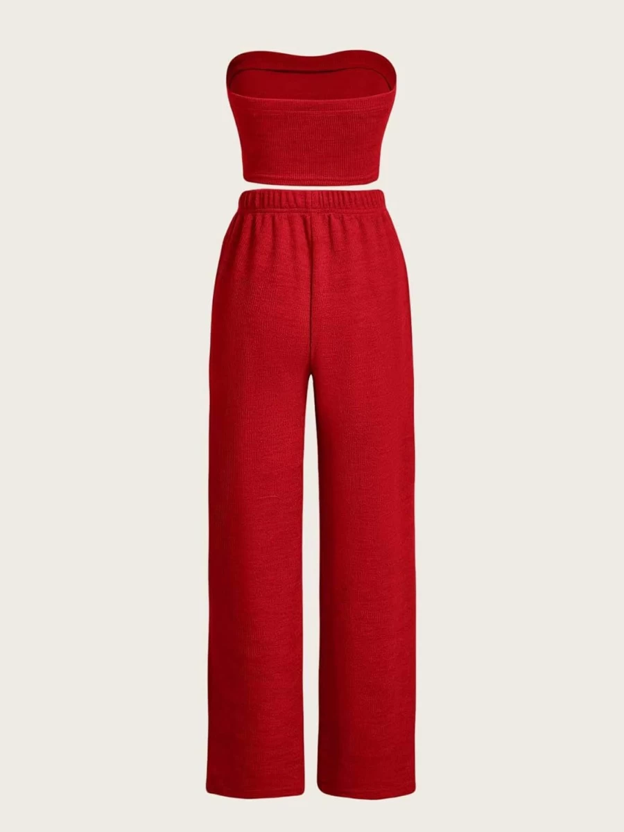 Floerns Women's 2 Piece Summer Outfit - Bandeau Crop Top and High Waist Wide Leg Pants Set