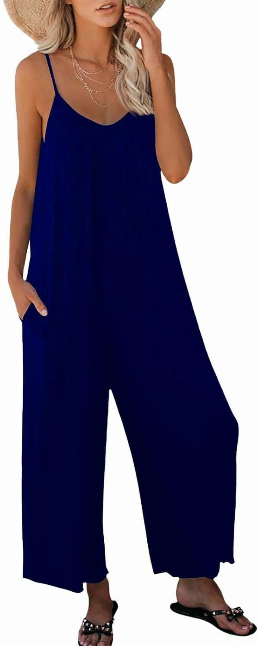Snugwind Women's Adjustable Strap Jumpsuit with Pockets - Stretchy Casual Romper Long Pants Sleeveless Loose Fit