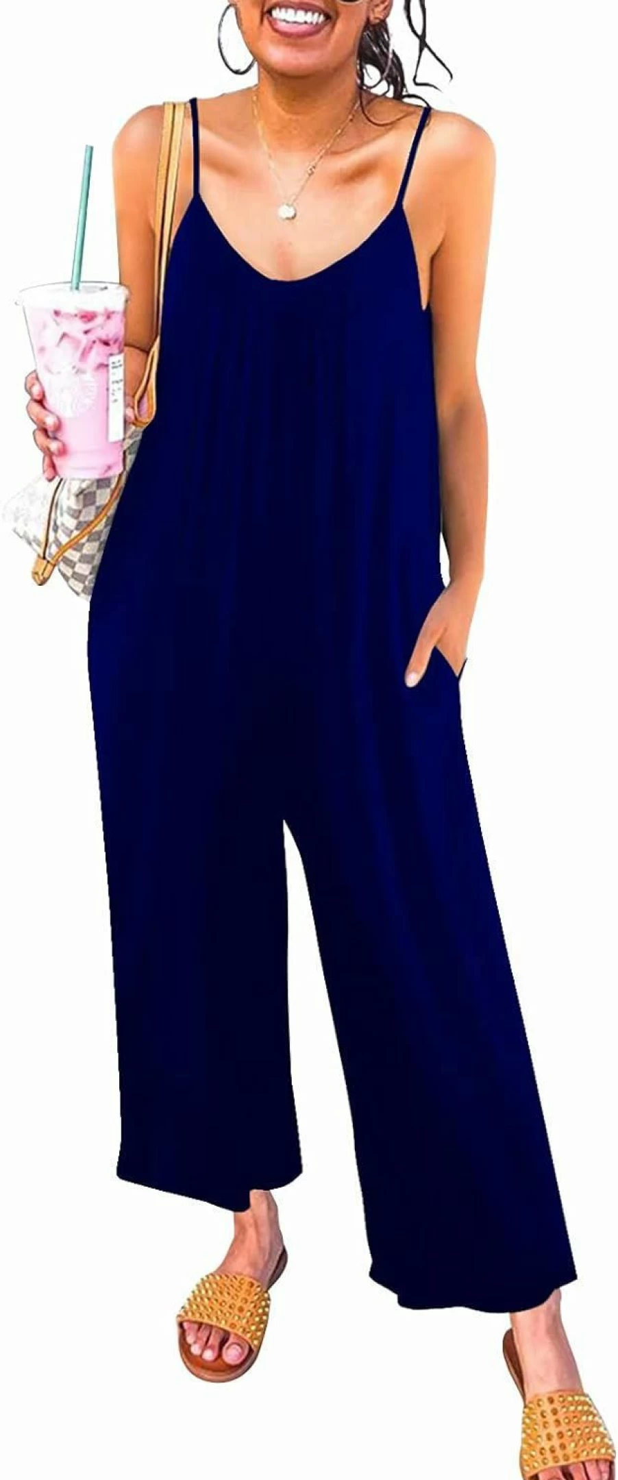 Snugwind Women's Adjustable Strap Jumpsuit with Pockets - Stretchy Casual Romper Long Pants Sleeveless Loose Fit