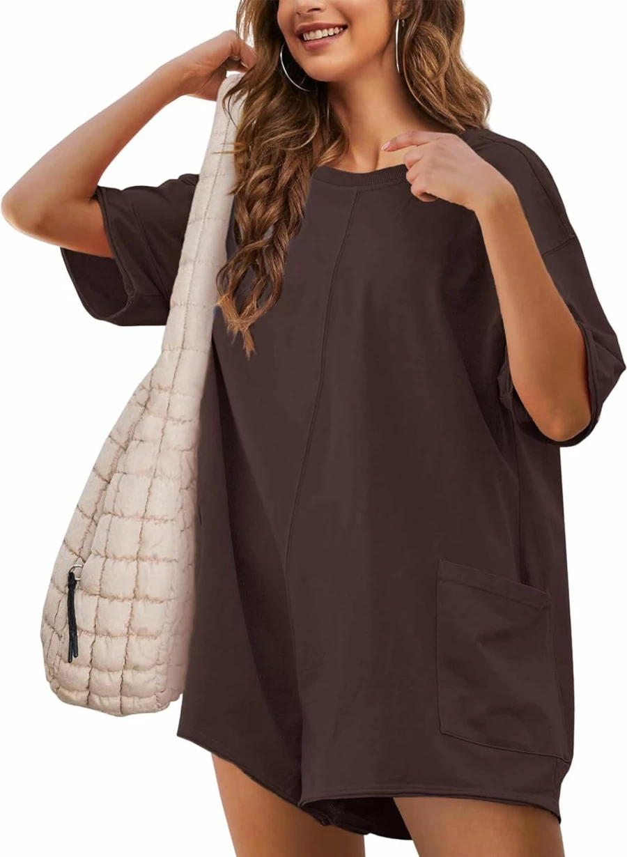 Yeokou Women's Reversible Romper - Casual Short Sleeve Oversized Jumpsuit with Deep Pockets for Athletic Workout