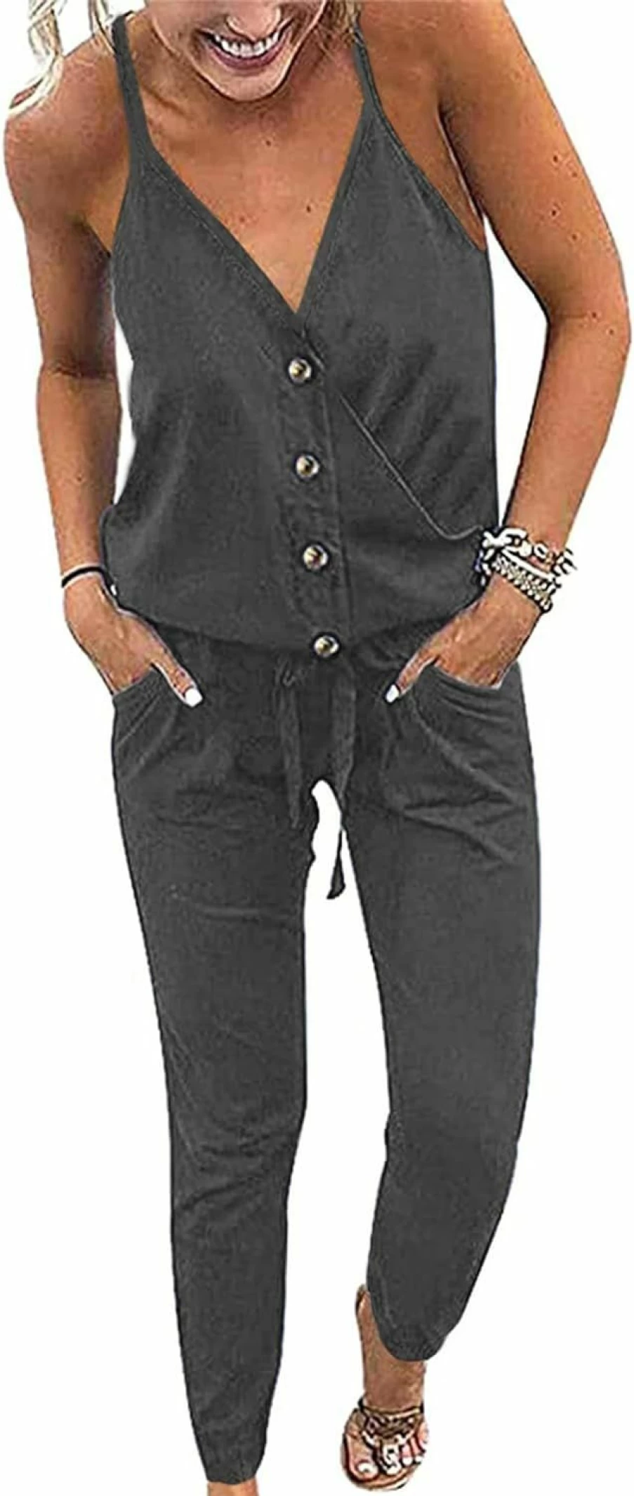 PRETTYGARDEN Women's Summer Sleeveless Wrap Jumpsuit Romper with V-Neck and Pockets - Casual One Piece Outfit