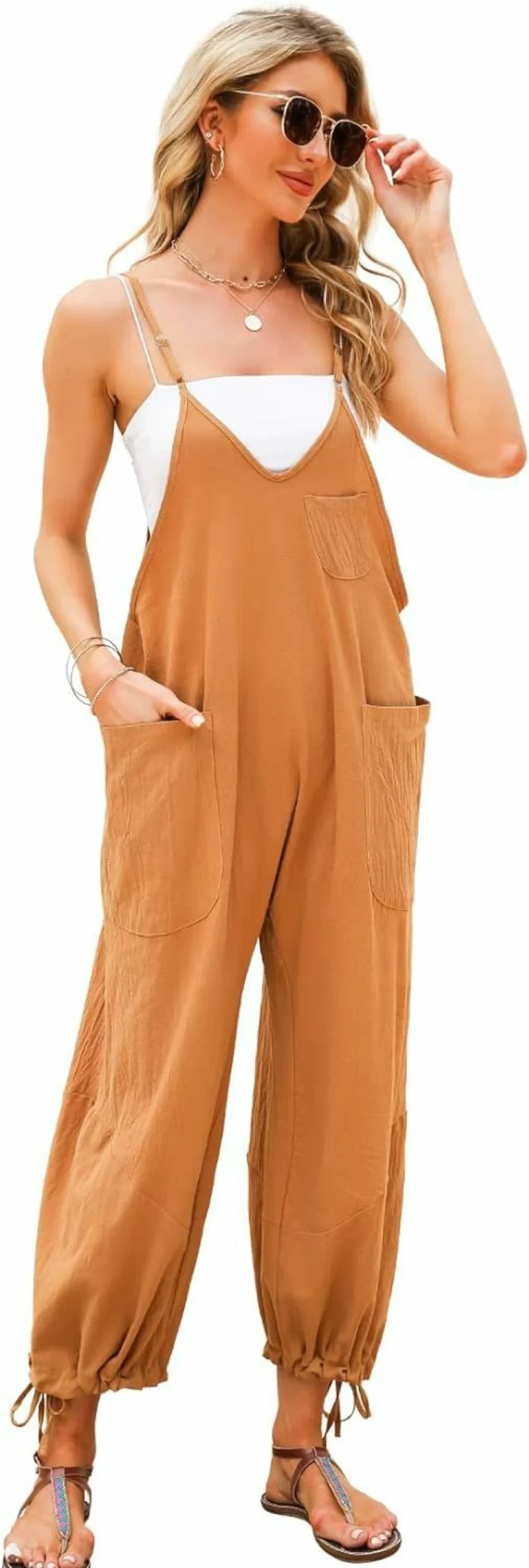 MAYSTEPPE Women's Casual V-Neck Sleeveless Jumpsuit Romper with Adjustable Straps and Pockets - Summer Harem Overalls