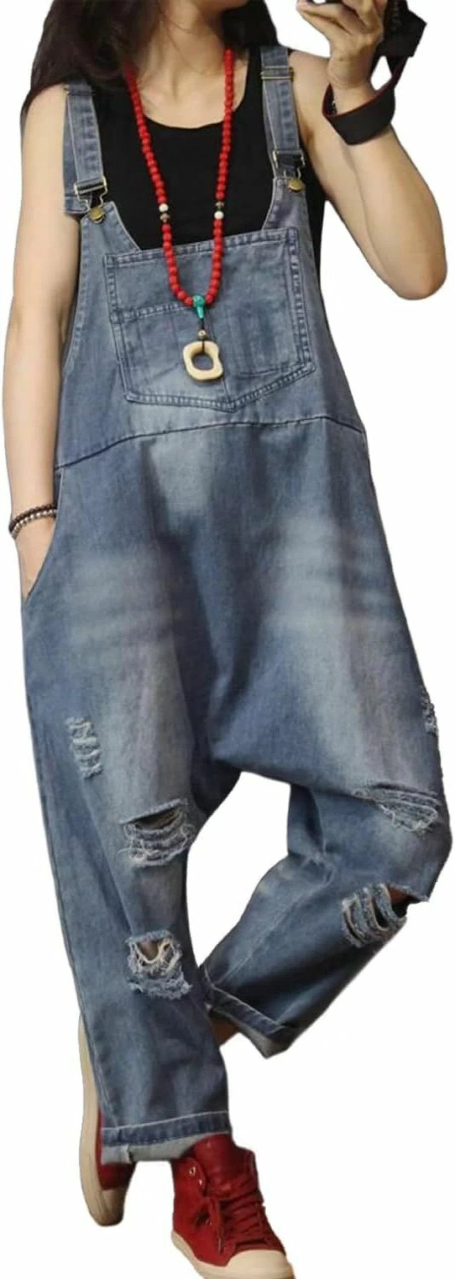 YESNO P60 Women's Distressed Hand-Painted Overalls Jumpsuits - Casual Loose Fit Cropped Denim Pants