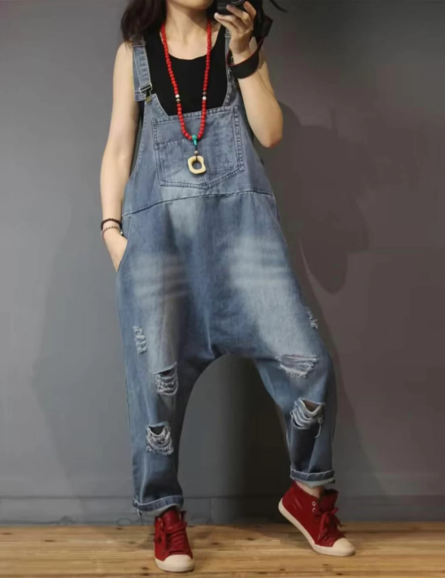 YESNO P60 Women's Distressed Hand-Painted Overalls Jumpsuits - Casual Loose Fit Cropped Denim Pants