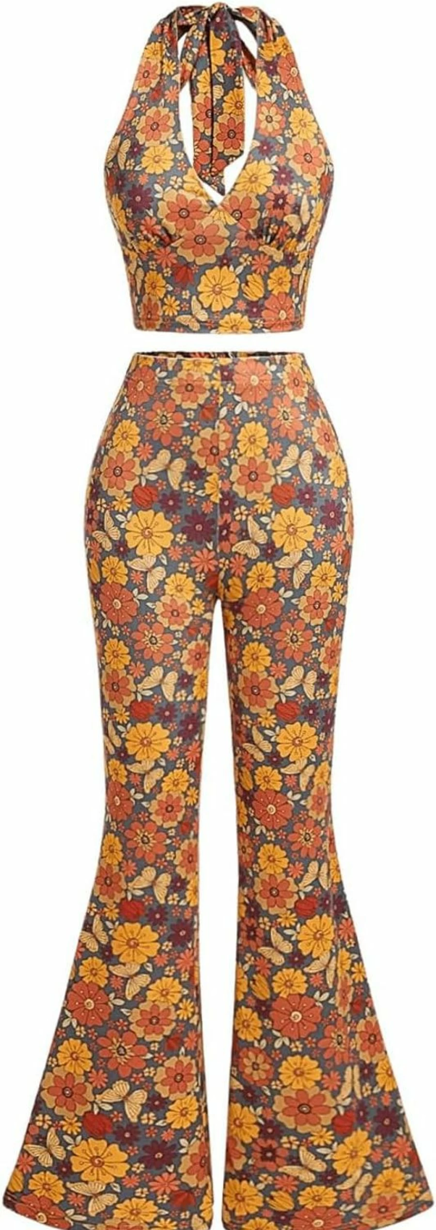 Verdusa Women's 70s Boho Chic 2-Piece Set: Halter Crop Top & Wide Leg Pants