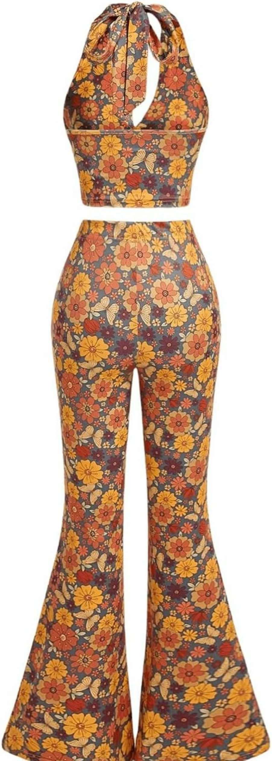 Verdusa Women's 70s Boho Chic 2-Piece Set: Halter Crop Top & Wide Leg Pants