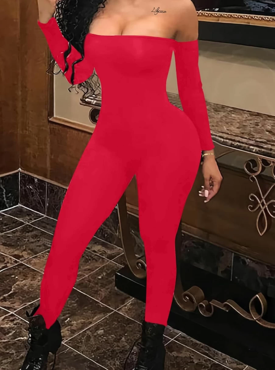 Hilinker Women's Off Shoulder Long Sleeve Jumpsuit - Sexy Solid Tube Romper Bodysuit for Women