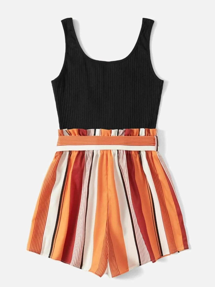 SOLY HUX Women's Striped Sleeveless Romper Jumpsuit with Belt - Summer Shorts Tank Outfit