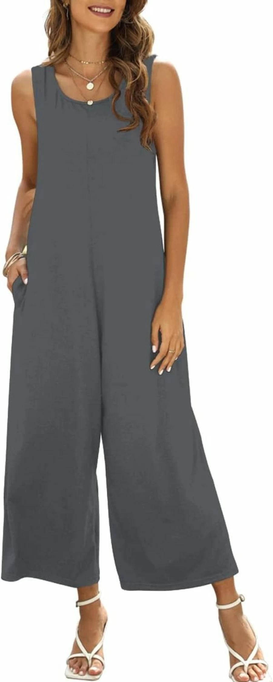 Nfsion Women's Sleeveless Crewneck Jumpsuit Romper - Summer Casual Loose Tank Romper with Pockets