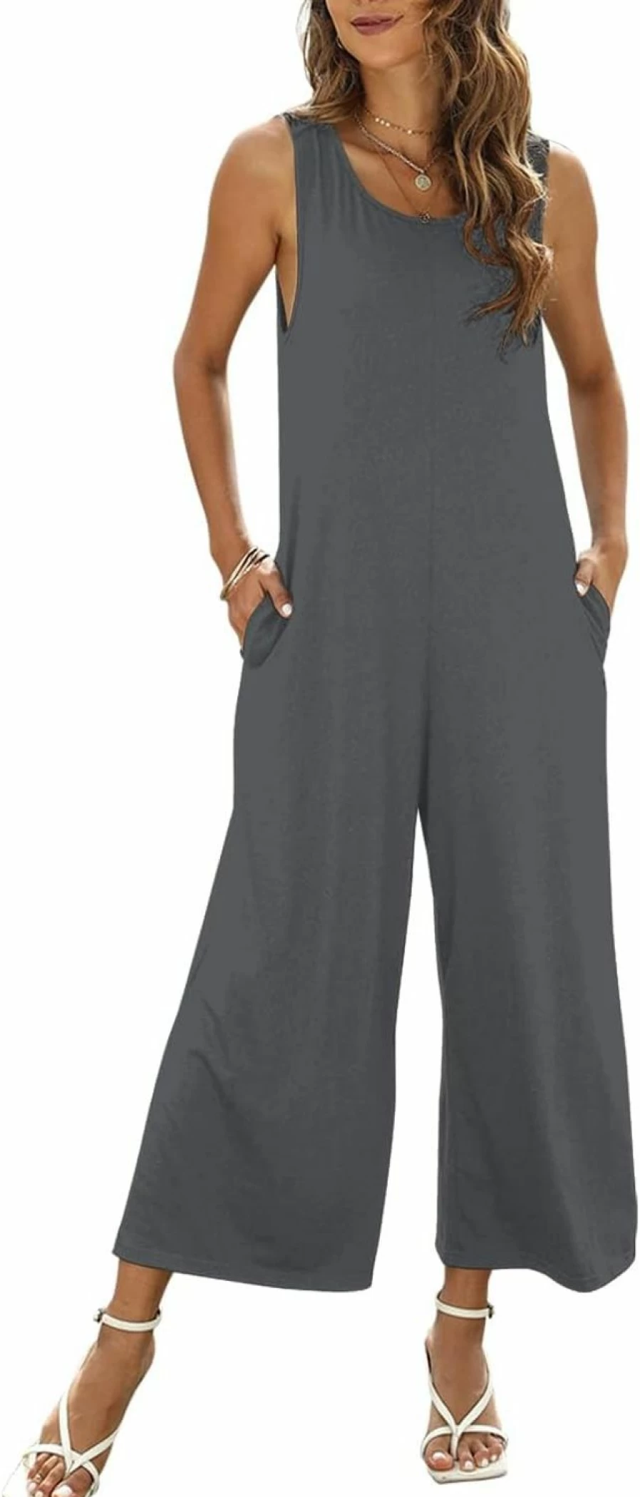 Nfsion Women's Sleeveless Crewneck Jumpsuit Romper - Summer Casual Loose Tank Romper with Pockets
