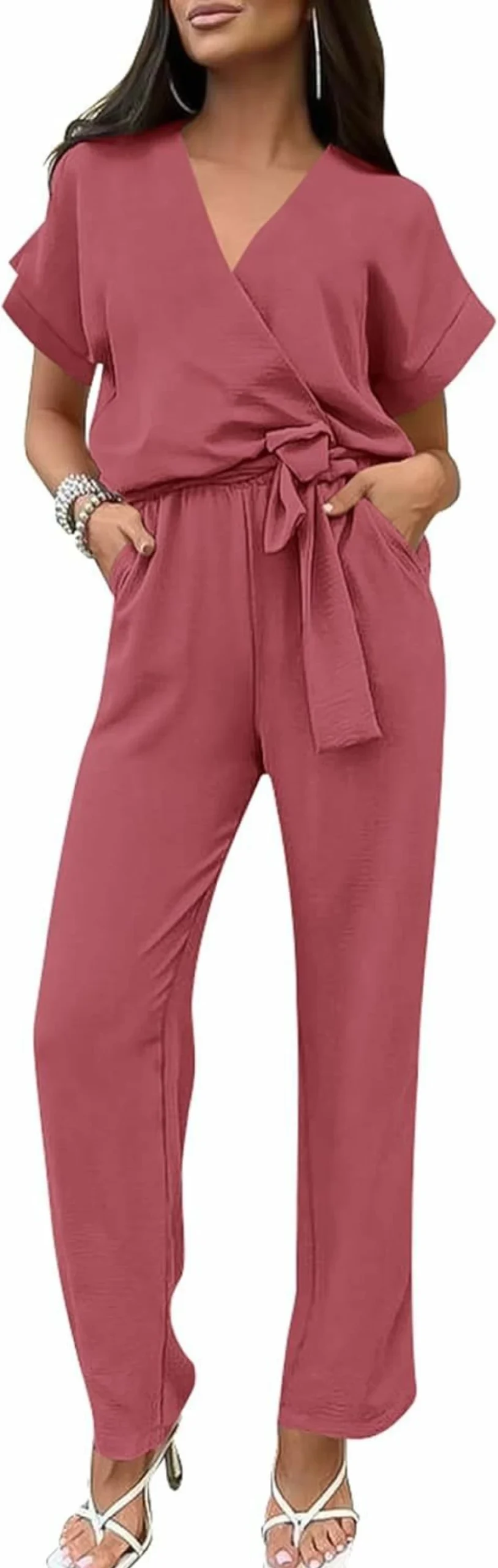 PRETTYGARDEN Women's Casual Wrap Jumpsuit with V-Neck, Short Sleeves, Belted Waist & Wide Leg Pants for Summer Outfits