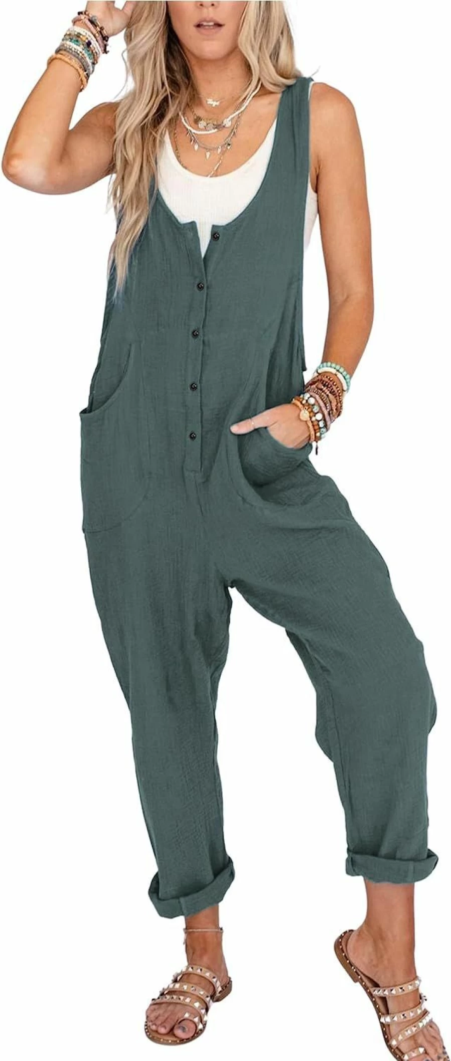 Xiaoxuemeng Women's Casual Cotton Linen Jumpsuit with Adjustable Straps, Button Front, and Pockets - Relaxed Fit Overalls