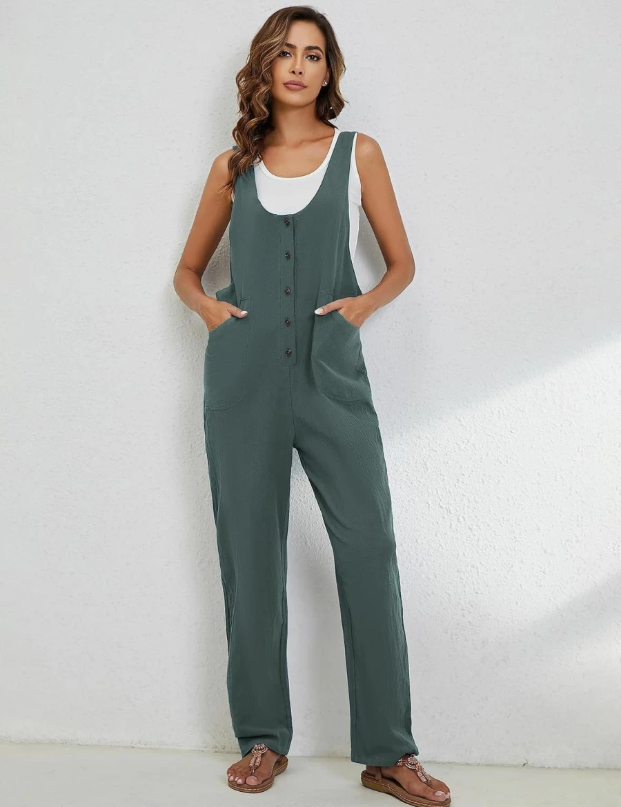 Xiaoxuemeng Women's Casual Cotton Linen Jumpsuit with Adjustable Straps, Button Front, and Pockets - Relaxed Fit Overalls