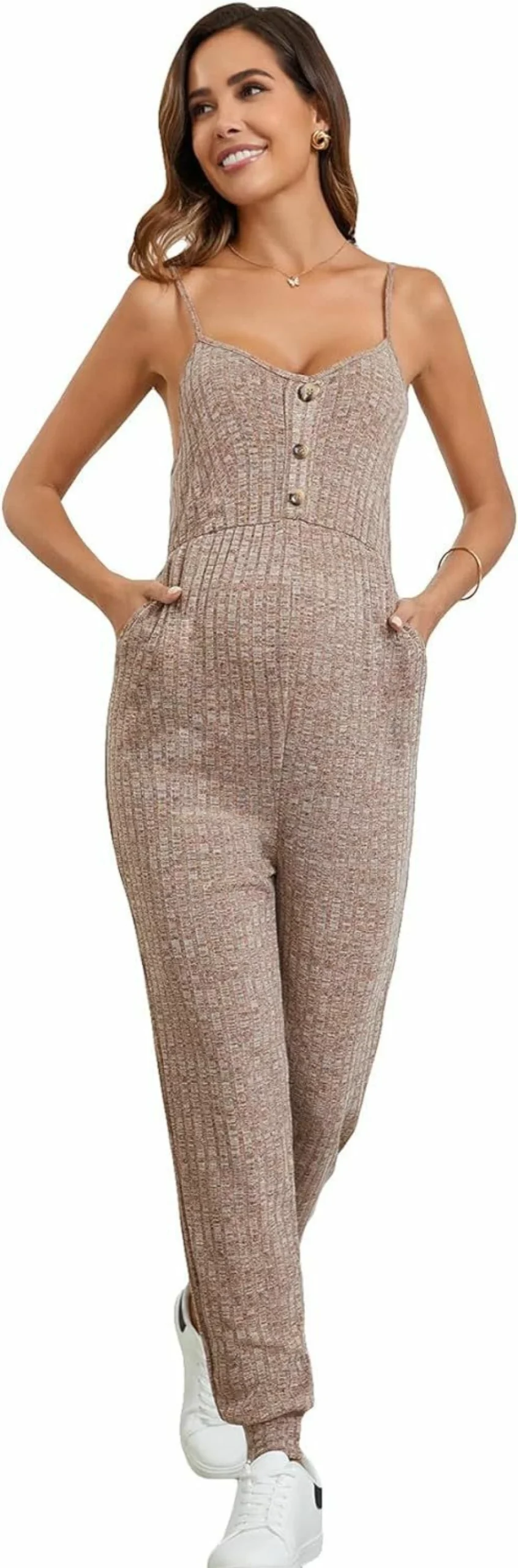OYOANGLE Women's Maternity Jumpsuit - Ribbed Knit Romper with Adjustable Spaghetti Straps, Button Front & Pockets for Pregnancy Comfort
