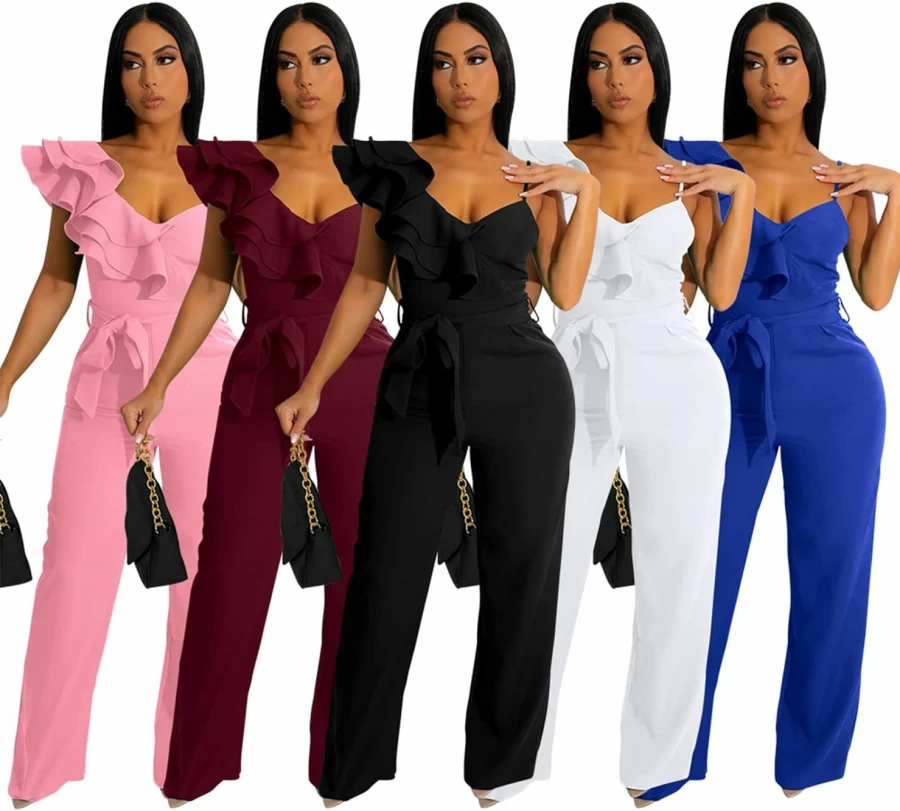 Kaimimei Women's Sexy V-Neck Sleeveless Romper Jumpsuit with Ruffle Detail and Wide Leg Pants for Party Clubwear