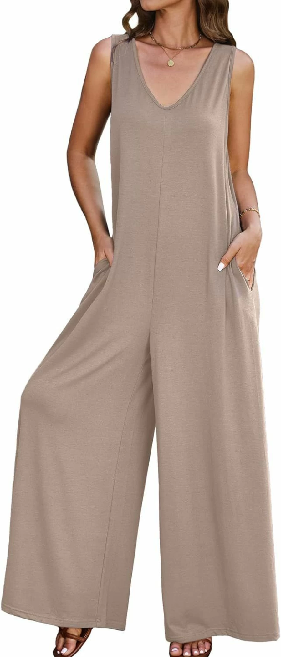Luvamia Women's Casual Sleeveless Wide Leg Jumpsuit with Pockets - Loose Baggy Overalls & Lounge Onesie Romper
